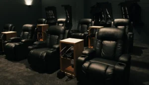 Rows of lux massage recliners in the P3 Recovery Performance compression lounge.