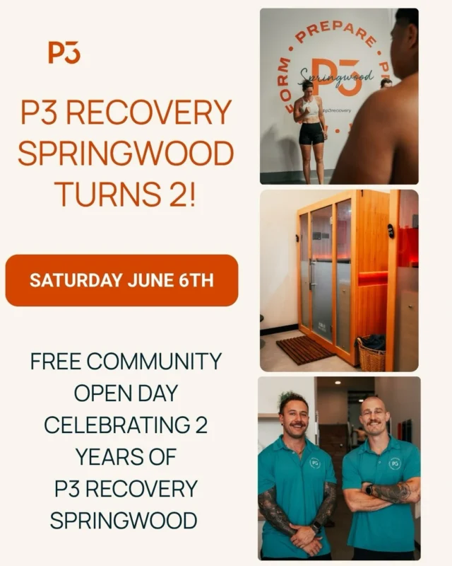 🎉 YOU’RE INVITED 🎉 

Saturday the 6th of June, come on down and help us celebrate 2 years of P3 Recovery Springwood. 

Enjoy free access to our saunas, hot and cold pools and the compression therapy. 

Everyone that comes through will go into the draw to win a 12 month essentials membership valued at over $2300! 

There’ll be coffee, food, giveaways and as always.. (poor) quality banter. 

SEE YOU SATURDAY SPRINGWOOOOD.