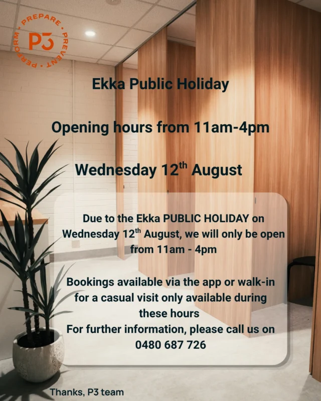 Ekka Public Holiday Hours 🧡

Just a quick heads up that we'll be operating reduced hours on Wednesday 12th August, open from 11:00am – 4:00pm.

Whether you're keeping your recovery routine going or looking to unwind on the public holiday, we'd love to see you. 

Book your session through the P3 app, or if you're visiting casually, simply drop in during our opening hours.

We hope everyone has a safe and enjoyable Ekka Public Holiday! 🧡
