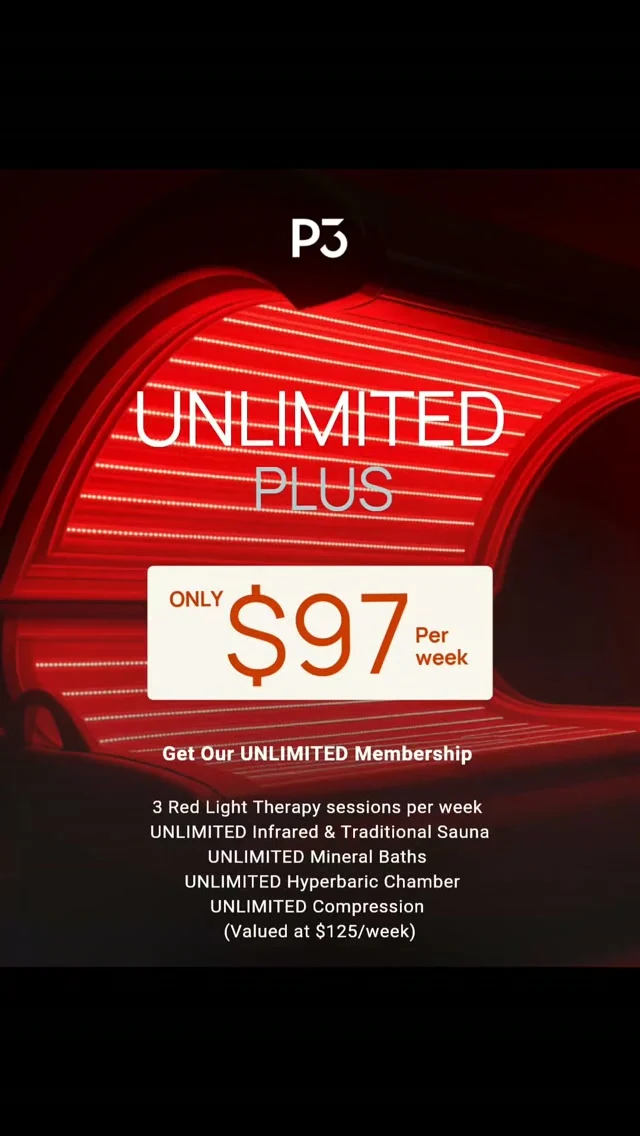UNLIMITED PLUS. $97 a week for everything your body needs to recover, reset and perform.

3x Red Light sessions, unlimited sauna, unlimited mineral baths, unlimited hyperbaric chamber, unlimited compression. Valued at $125/week.

Your body will thank you!