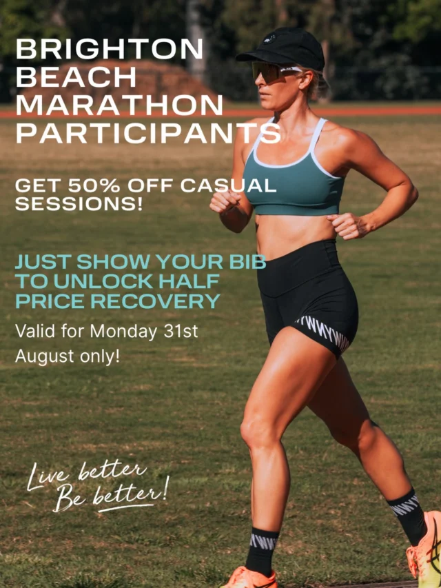🏃‍♀️ BRIGHTON BEACH MARATHON PARTICIPANTS — THIS ONE’S FOR YOU! 🏃‍♂️

Recover smarter after race day with 50% OFF casual recovery sessions at P3 Recovery Bayside! 

Simply show your Brighton Beach Marathon bib to unlock your half price session.

-Valid Monday 31st August only.
-Limited spots available, bookings are essential!
-Valid for non-members only.

Don’t leave recovery until it’s too late. Your body just did the work, now give it the recovery it deserves. 💪🏼

No promo code needed. Just give us a call or visit our centre to book your spot now!