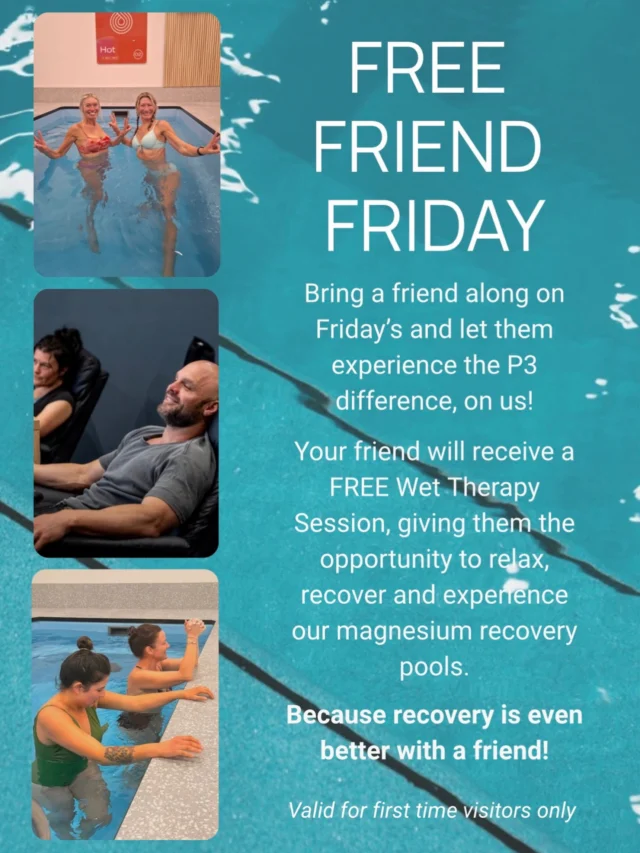 Why keep all the recovery benefits to yourself when you can share them with a friend?

FREE FRIEND FRIDAY 
AT P3 RECOVERY

Bring a friend along this Friday and treat them to a FREE Wet Therapy Session!

Because recovery is even better together.

Current P3 members can bring one guest with them to receive a free wet therapy session.

Available to first time P3 visitors only.

#recovery #friend #wettherapy #free
